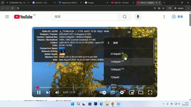 YouTube 4K 视频播放测试，验证 R2S 代理性能